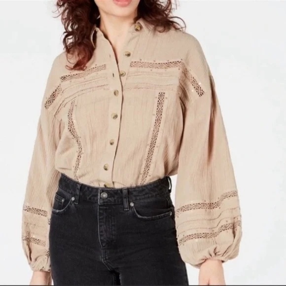 Free People Size Small Beige Summer Stars Button Down Peasant Blouse - Picture 1 of 14